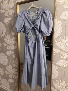 Wayf Light Blue Puff-Sleeve Tie-Front Midi Dress